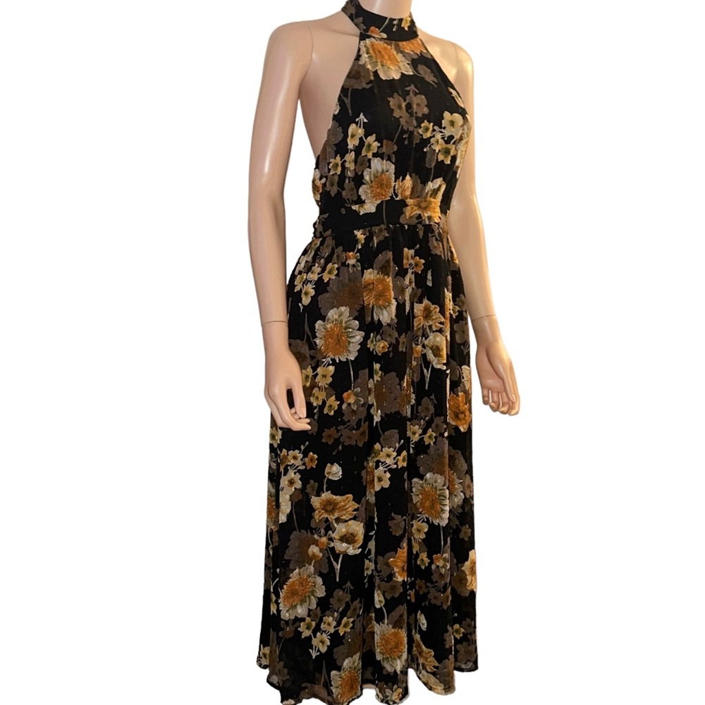 Lulu's Black Halter Floral Midi Dress with Orange & Brown Blooms - Picture 7 of 10